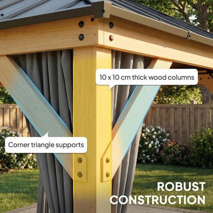 3 x 3 m Outdoor Hardtop Gazebo Canopy with 2-Tier Steel Roof, Wood Garden Gazebo