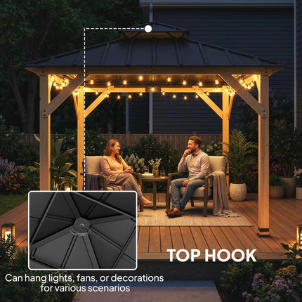 3 x 3 m Outdoor Hardtop Gazebo Canopy with 2-Tier Steel Roof, Wood Garden Gazebo