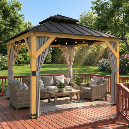 3 x 3 m Outdoor Hardtop Gazebo Canopy with 2-Tier Steel Roof, Wood Garden Gazebo