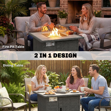 14.5 KW Rattan Gas Fire Pit Dining Table with Rain Cover, Wind Guard, Lid, Lava Rocks, Dark Grey