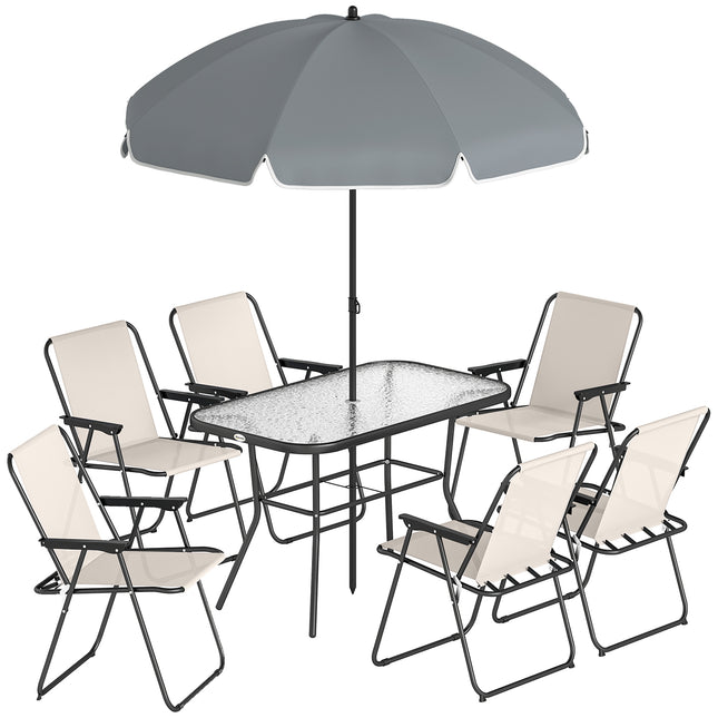 8 Piece Garden Dining Set with Umbrella Garden Furniture Set with 6 Folding Chairs, Tempered Glass Table for Patio Cream