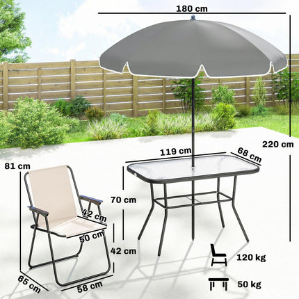 8 Piece Garden Dining Set with Umbrella Garden Furniture Set with 6 Folding Chairs, Tempered Glass Table for Patio Cream