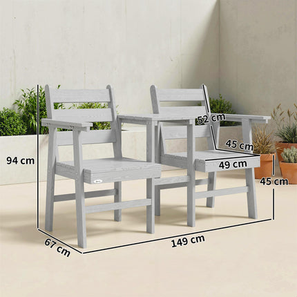 Outdoor Garden Loveseat, Embossed Wooden Jack and Jill Garden Seat with Integrated Table, Grey
