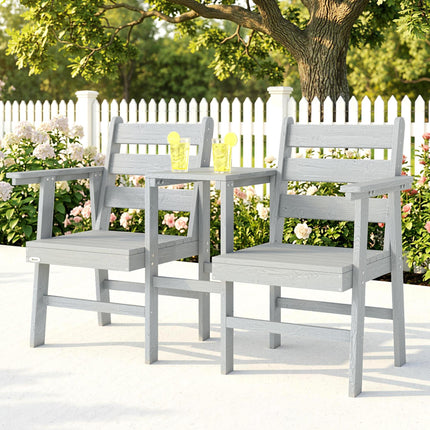Outdoor Garden Loveseat, Embossed Wooden Jack and Jill Garden Seat with Integrated Table, Grey