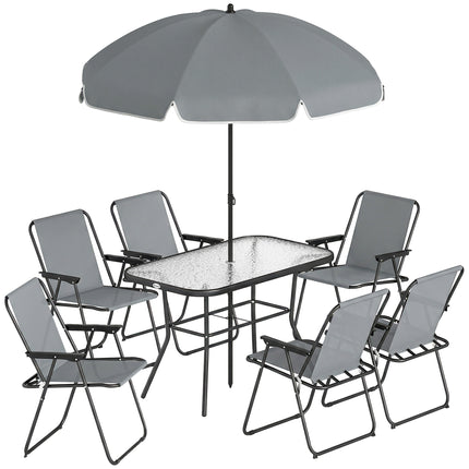 8 Piece Garden Dining Set with Umbrella, Garden Furniture Set with 6 Folding Chairs, Tempered Glass Table for Patio Grey