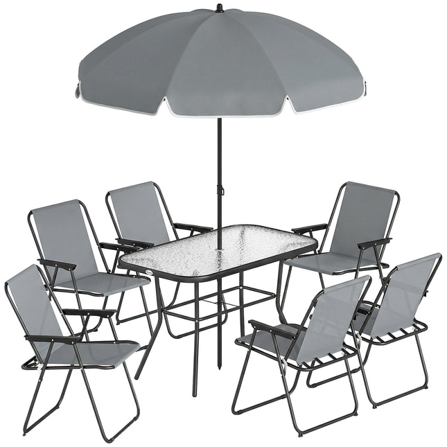 8 Piece Garden Dining Set with Umbrella, Garden Furniture Set with 6 Folding Chairs, Tempered Glass Table for Patio Grey