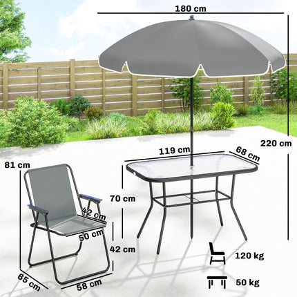 8 Piece Garden Dining Set with Umbrella, Garden Furniture Set with 6 Folding Chairs, Tempered Glass Table for Patio Grey