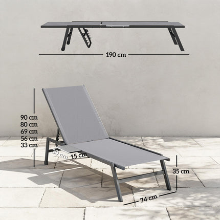 Sun Loungers Set of 2 with Side Tray Table, Garden Recliners with 5-Position Adjustable Backrest, 2 Wheels, Grey