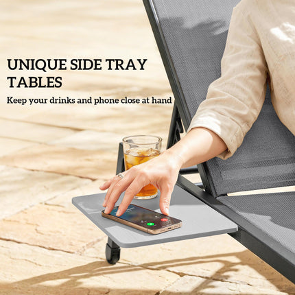 Sun Loungers Set of 2 with Side Tray Table, Garden Recliners with 5-Position Adjustable Backrest, 2 Wheels, Grey