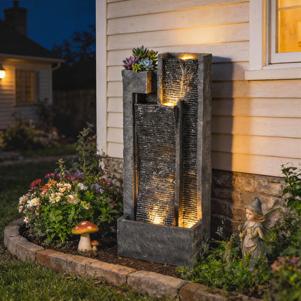 Water Feature with LED Lights and Planter, 3-Tier Garden Water Fountain with Pum