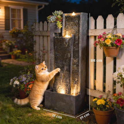 Water Feature with LED Lights and Planter, 3-Tier Garden Water Fountain with Pum