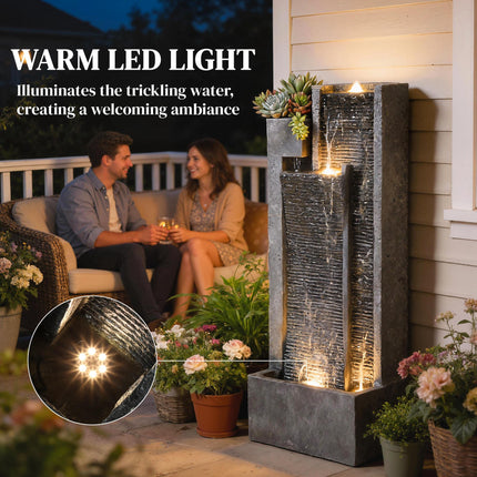 Water Feature with LED Lights and Planter, 3-Tier Garden Water Fountain with Pum