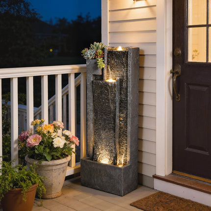 Water Feature with LED Lights and Planter, 3-Tier Garden Water Fountain with Pum