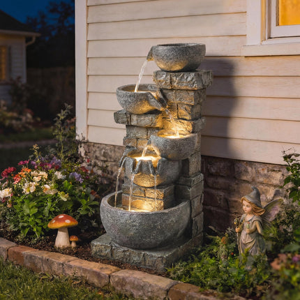 Outdoor Water Fountain with LED Lights, 80cm Tall 5 Tiers Cascading Water Featur