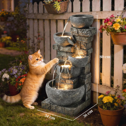 Outdoor Water Fountain with LED Lights, 80cm Tall 5 Tiers Cascading Water Featur