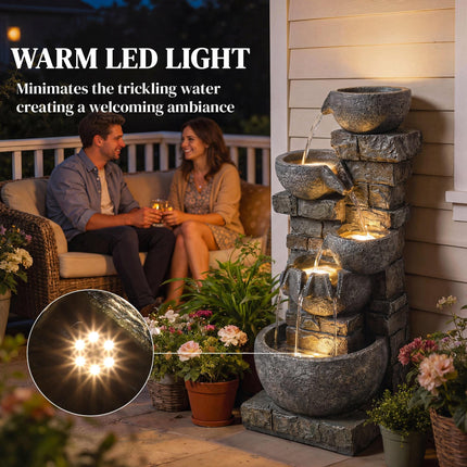 Outdoor Water Fountain with LED Lights, 80cm Tall 5 Tiers Cascading Water Featur