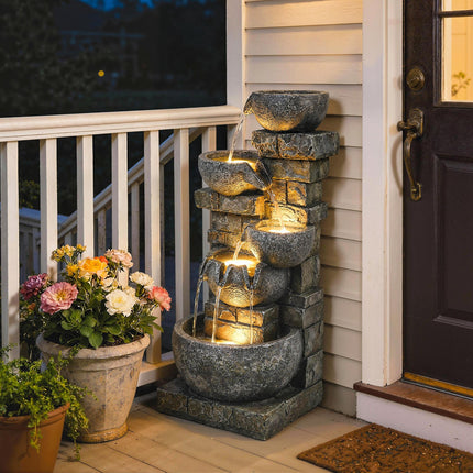 Outdoor Water Fountain with LED Lights, 80cm Tall 5 Tiers Cascading Water Featur