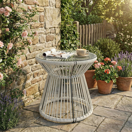 Rattan Outdoor Coffee Table, PE Rattan Wicker Bistro Side Table with Tempered Gl