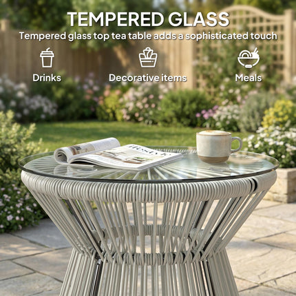 Rattan Outdoor Coffee Table, PE Rattan Wicker Bistro Side Table with Tempered Gl