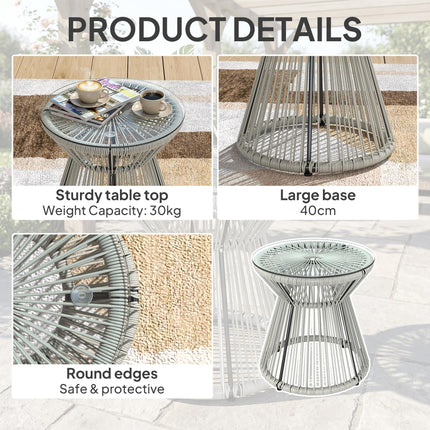 Rattan Outdoor Coffee Table, PE Rattan Wicker Bistro Side Table with Tempered Gl
