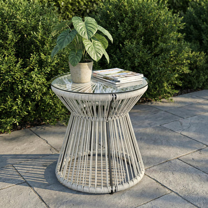 Rattan Outdoor Coffee Table, PE Rattan Wicker Bistro Side Table with Tempered Gl