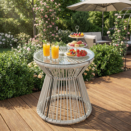 Rattan Outdoor Coffee Table, PE Rattan Wicker Bistro Side Table with Tempered Gl