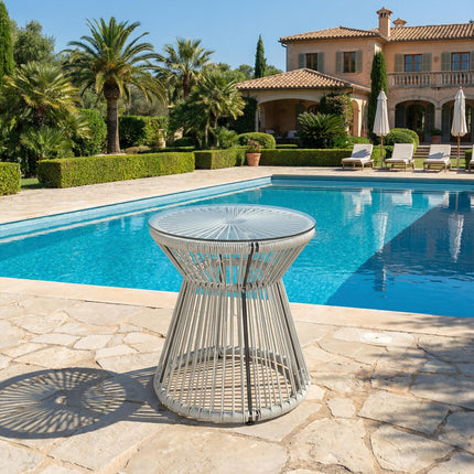 Rattan Outdoor Coffee Table, PE Rattan Wicker Bistro Side Table with Tempered Gl