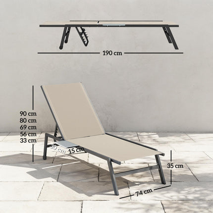 Sun Loungers Set of 2 with Side Tray Table, Garden Recliners with 5-Position Adjustable Backrest, 2 Wheels, Khaki