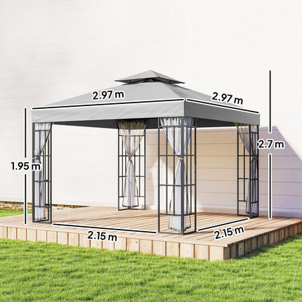 3 x 3(m) Patio Gazebo Canopy Garden Pavilion Tent Shelter with 2 Tier Roof and Mosquito Netting, Light Grey