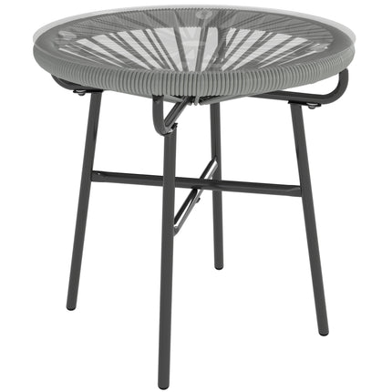 Rattan Side Table, Round Outdoor Coffee Table, with Round PE Rattan and Tempered Glass Tabletop, Light Grey