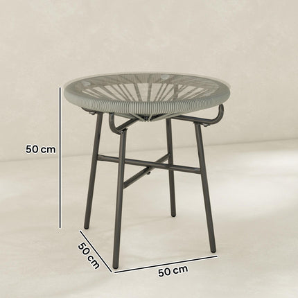 Rattan Side Table, Round Outdoor Coffee Table, with Round PE Rattan and Tempered Glass Tabletop, Light Grey