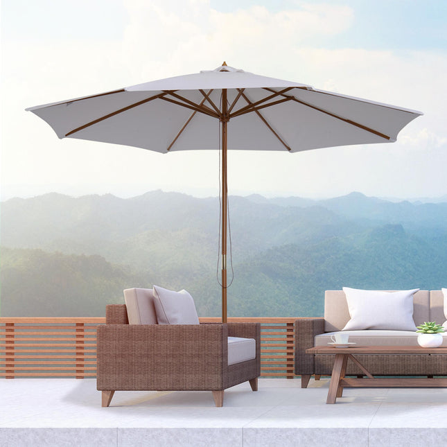 3 m Garden Parasol with Base, Pulley Operated Patio Umbrella, Wooden Parasol, With Base Pulley Operated Patio Umbrella Wooden Parasol Ta