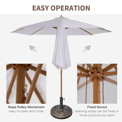 3 m Garden Parasol with Base, Pulley Operated Patio Umbrella, Wooden Parasol, With Base Pulley Operated Patio Umbrella Wooden Parasol Ta