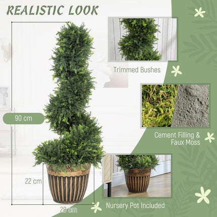 Set of 2 Artificial Plants, Topiary Spiral Boxwood Cypress Trees with Pot, for Home Indoor Outdoor Decor, 90cm