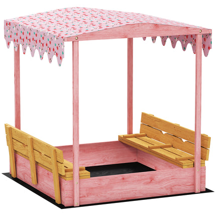 Wooden Sandbox with Lid, Flamingos Print Canopy, Kids Outdoor Sand Pit with Fold