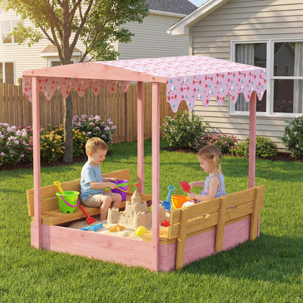 Wooden Sandbox with Lid, Flamingos Print Canopy, Kids Outdoor Sand Pit with Fold