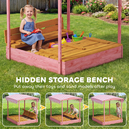 Wooden Sandbox with Lid, Flamingos Print Canopy, Kids Outdoor Sand Pit with Fold