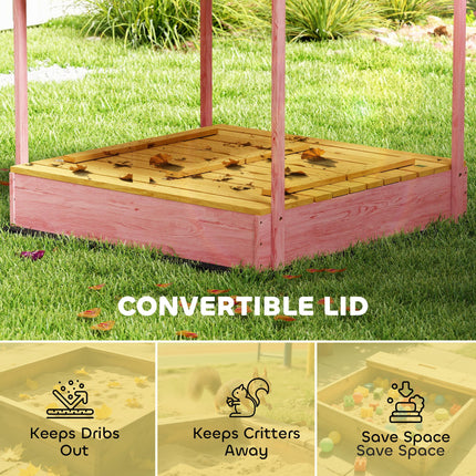 Wooden Sandbox with Lid, Flamingos Print Canopy, Kids Outdoor Sand Pit with Fold