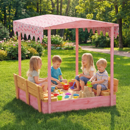 Wooden Sandbox with Lid, Flamingos Print Canopy, Kids Outdoor Sand Pit with Fold
