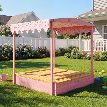 Wooden Sandbox with Lid, Flamingos Print Canopy, Kids Outdoor Sand Pit with Fold