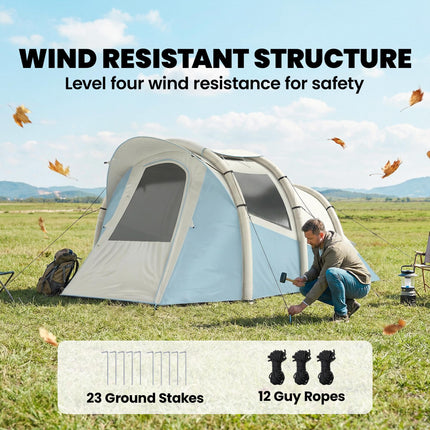 Inflatable Camping Tent w/ Air Pump, Easy Setup 2-3 Person Blow Up Tent, Light Blue