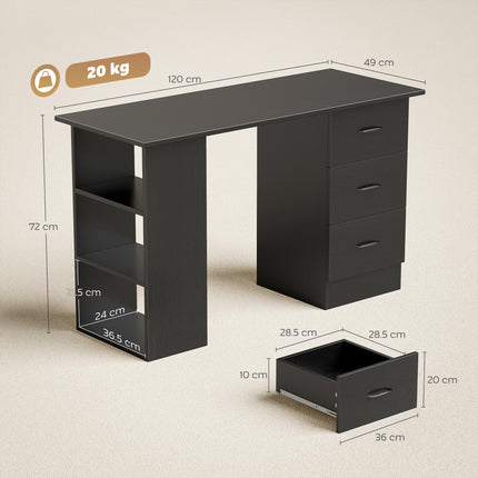 Computer Desk, Writing Table, PC Workstation with 3 Storage Shelves and Drawers, Handle, for Home Office, Black