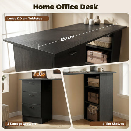 Computer Desk, Writing Table, PC Workstation with 3 Storage Shelves and Drawers, Handle, for Home Office, Black