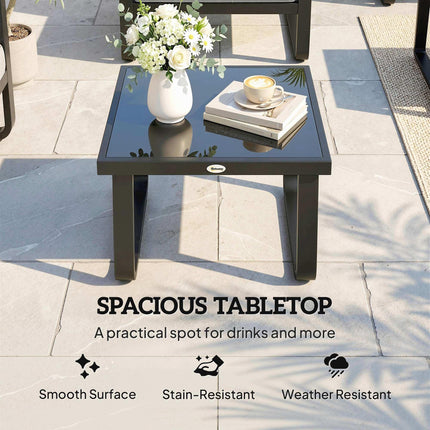 Outdoor Garden Coffee Table, Rectangle Metal Side Table with Tempered Glass Tabletop, Adjustable Foot Pads