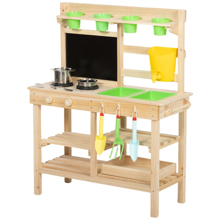 Kids Mud Kitchen, Outdoor Wooden Play Kitchen with Kitchenware & Garden Tools, P