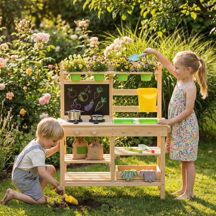 Kids Mud Kitchen, Outdoor Wooden Play Kitchen with Kitchenware & Garden Tools, P