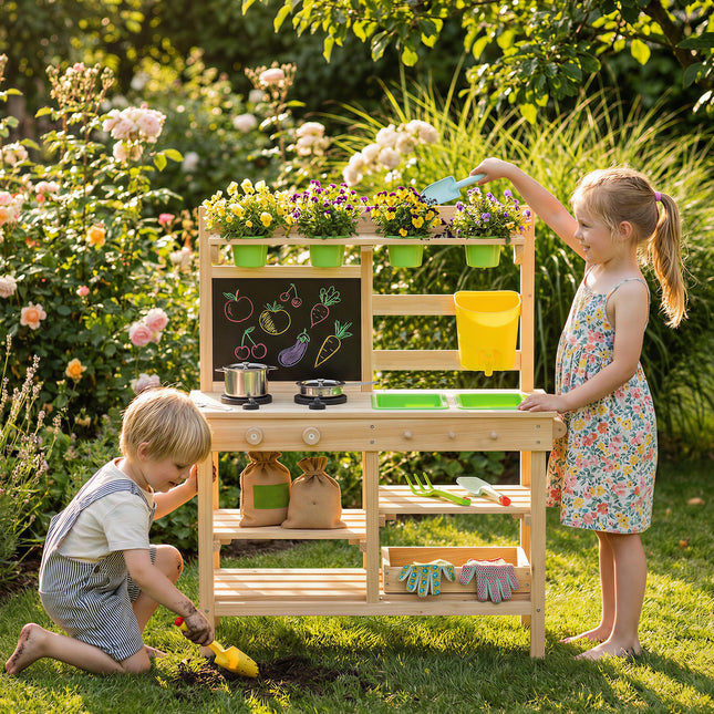 Kids Mud Kitchen, Outdoor Wooden Play Kitchen with Kitchenware & Garden Tools, P