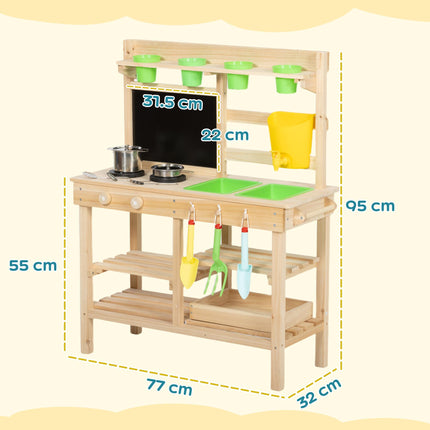 Kids Mud Kitchen, Outdoor Wooden Play Kitchen with Kitchenware & Garden Tools, P