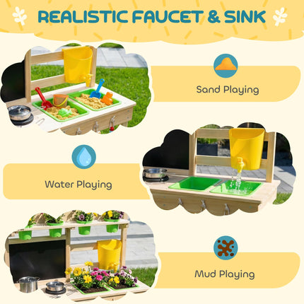 Kids Mud Kitchen, Outdoor Wooden Play Kitchen with Kitchenware & Garden Tools, P
