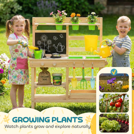 Kids Mud Kitchen, Outdoor Wooden Play Kitchen with Kitchenware & Garden Tools, P